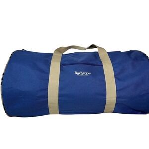 Burberrys Fragrance Vintage Blue Canvas Duffel Bag Nova Check Trim Travel Barrel